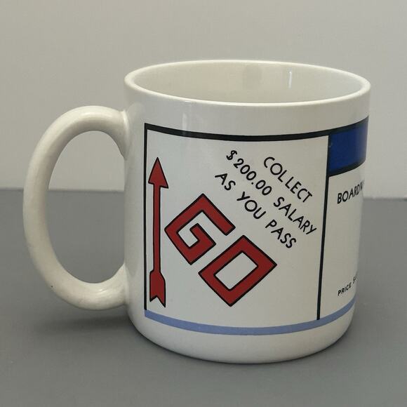 Monopoly Coffee Mug Cup Pass Go Boardwalk Park Place Korea 1984 Parker Brothers - Picture 1 of 7